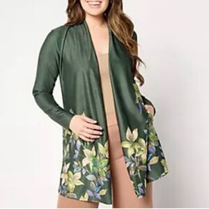 Susan Graver Regular Printed Faux Suede Open Front Duster L Pine/Violet A662836